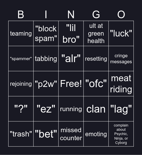 Toxic TSB Bingo Card