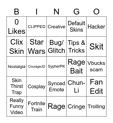 Fornite TikToks Bingo Card