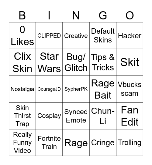 Fornite TikToks Bingo Card