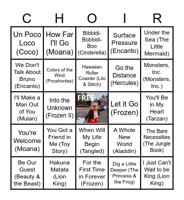 Disney Music Bingo Card