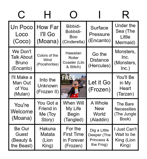 Disney Music Bingo Card