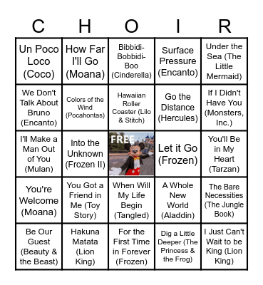 EE Disney Music Bingo Card