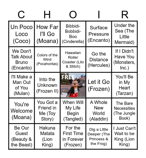 EE Disney Music Bingo Card