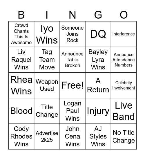 Wrestlemania Night 2 Bingo Card