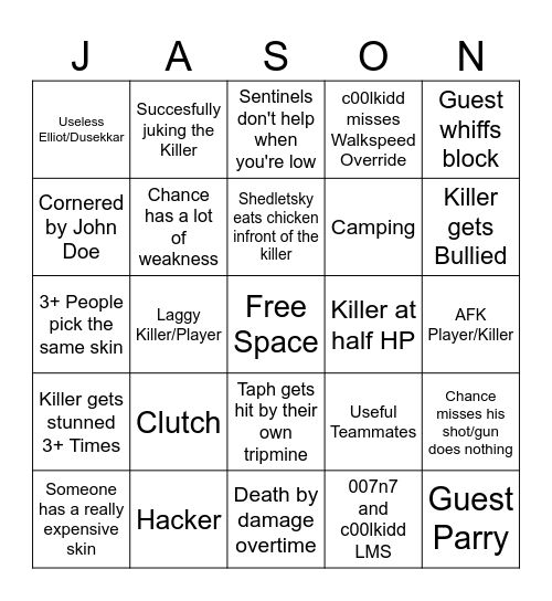 Forsaken Bingo Card