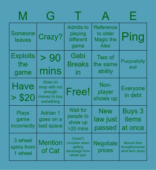 Magic the Alex Bingo Card