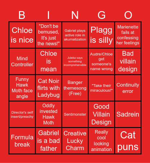 Miraculous Bingo (pre season 6) Bingo Card