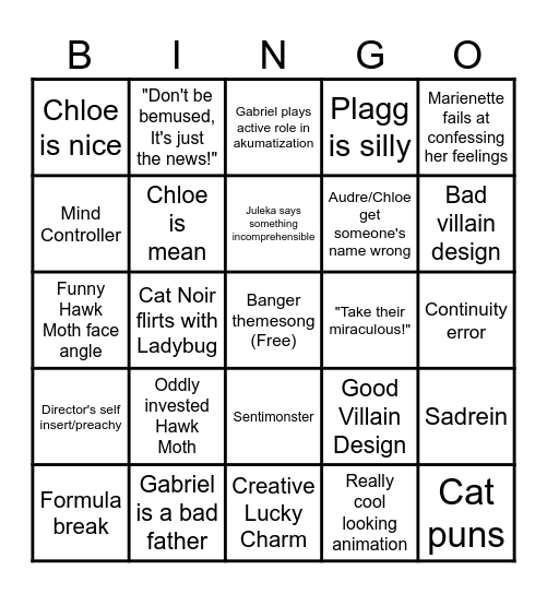 Miraculous Bingo (pre season 6) Bingo Card