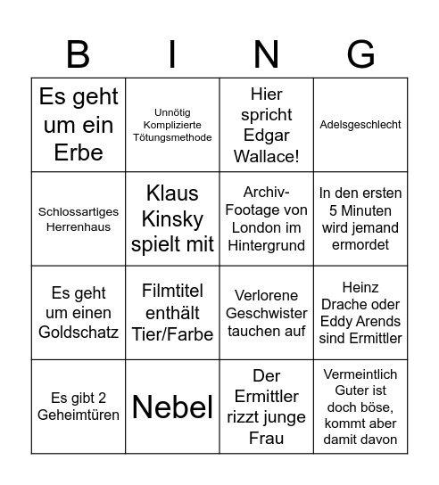 Edgar Wallace Bingo Card