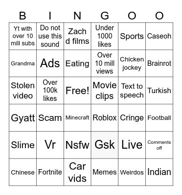 YouTube shorts Bingo Card