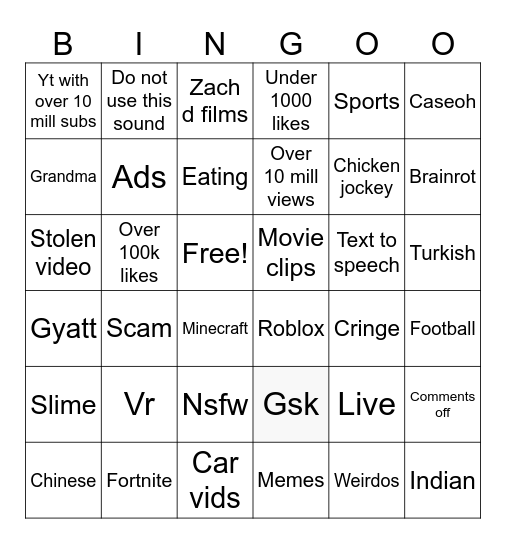 YouTube shorts Bingo Card