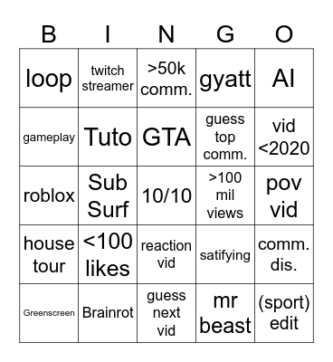 YT shorts Bingo Card