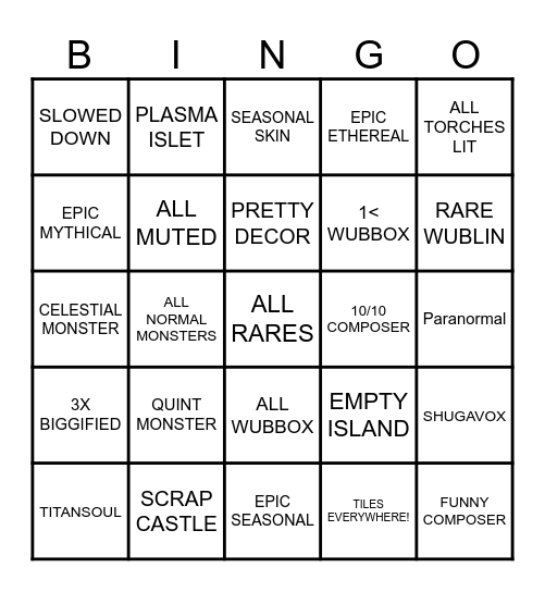 MY SINGING MONSTERS Bingo Card