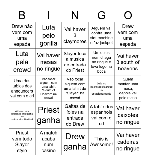 Drew vs Priest Bingo Card