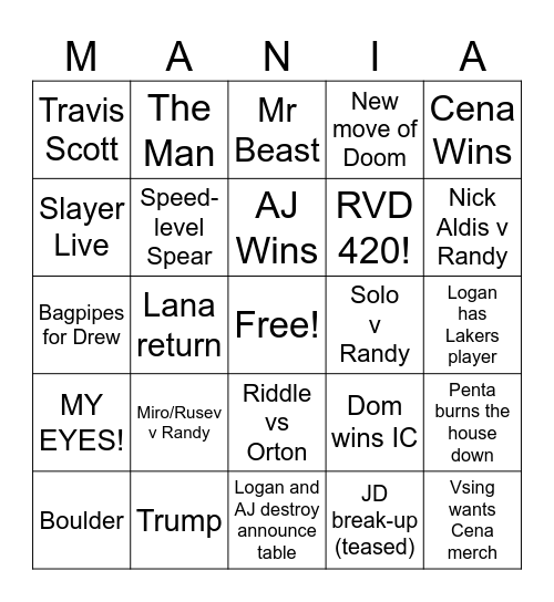 Mania Night 2 Bingo Card