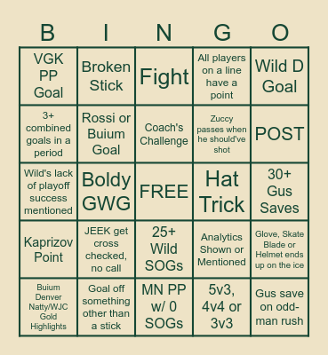 Wild vs Golden Knights: Game 1 Bingo Card