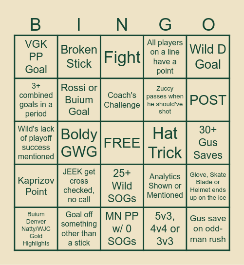 Wild vs Golden Knights: Game 1 Bingo Card
