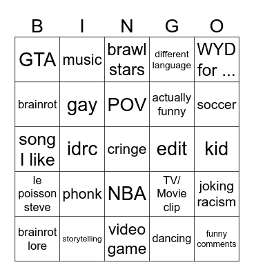 youtube shorts bingo Card