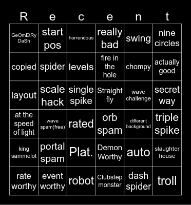 Geometry dash recent tab Bingo Card