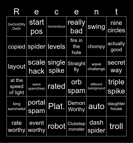 Geometry dash recent tab Bingo Card