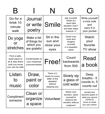 Coping Strategies Bingo Card