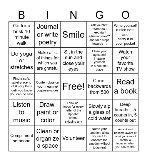 Coping Strategies Bingo Card