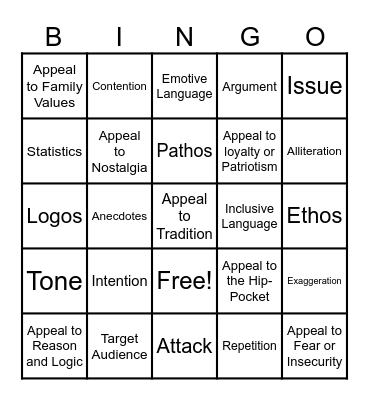 Persuasive Language Bingo Card