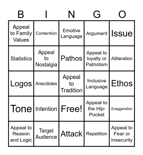 Persuasive Language Bingo Card