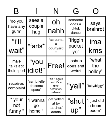 Average School Day Bingo Card