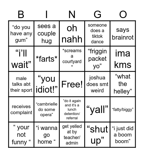Average School Day Bingo Card