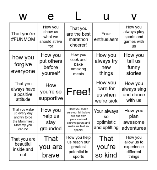 50 Things We Love About Mom Bingo Card