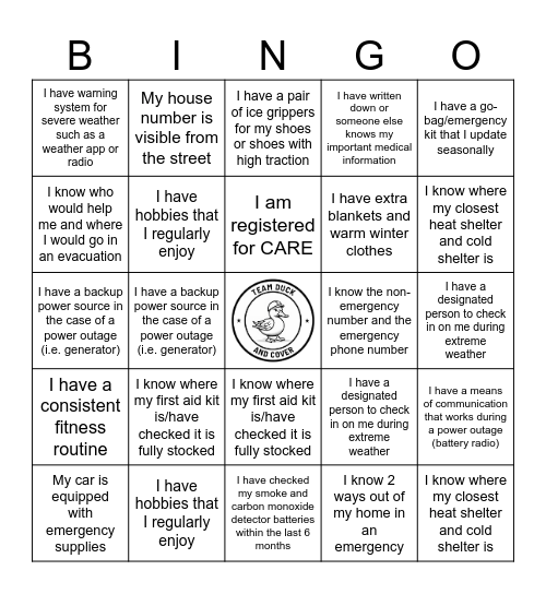 Emergency Preparedness Bingo Card