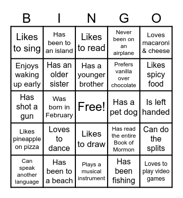 Getting To Know You Bingo Card