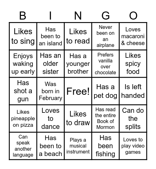Getting To Know You Bingo Card