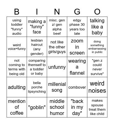 millenial cringe comp Bingo Card