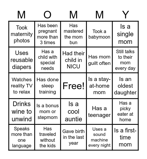 Motherhood Unfiltered Bingo Card