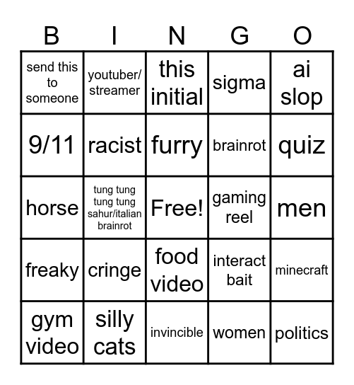 Instagram reel bingo Card