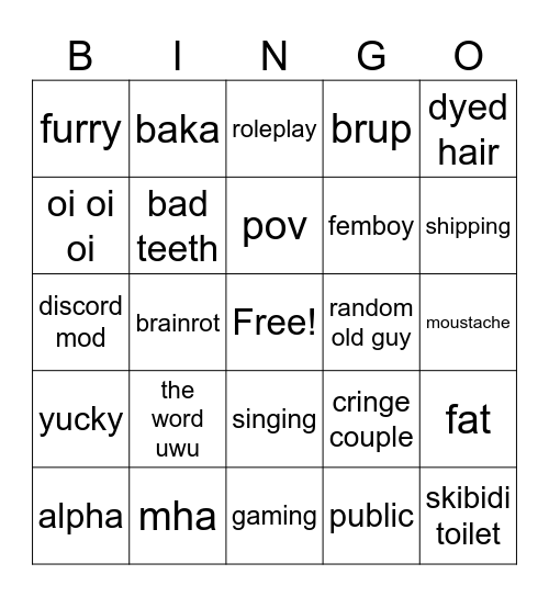 cringe bingo Card