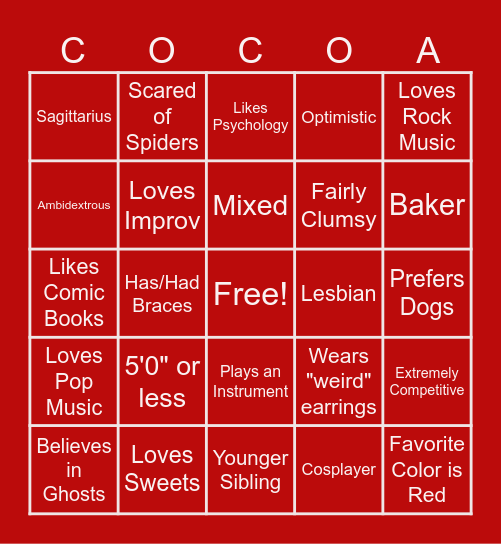 Cocoa Similarities Bingo Card