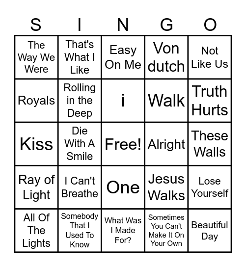 Grammy Winning Bangers Bingo Card