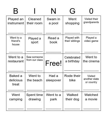 School Holidays Class Bingo Card