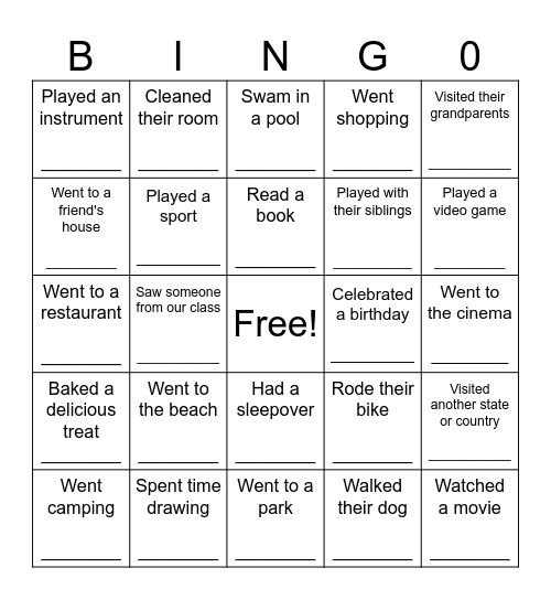 School Holidays Class Bingo Card