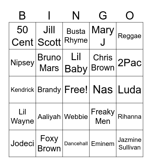 R&B Hip Hop Bingo Card