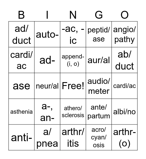 A Medical Terms Bingo Card