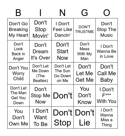 APRIL - Songs with 'Don't' in the title Bingo Card