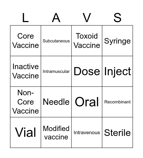 Vaccines Large Animal Bingo Card