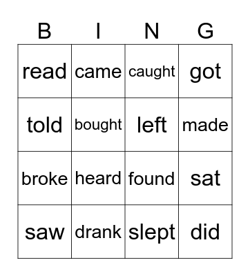 Irregular verbs Bingo Card