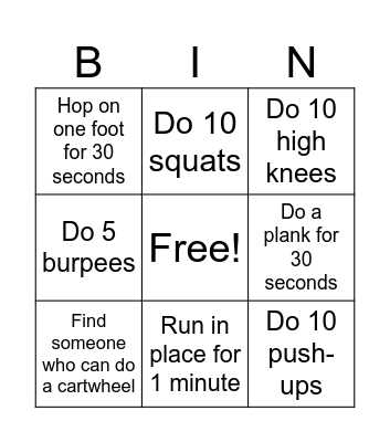 Fitness Bingo Card