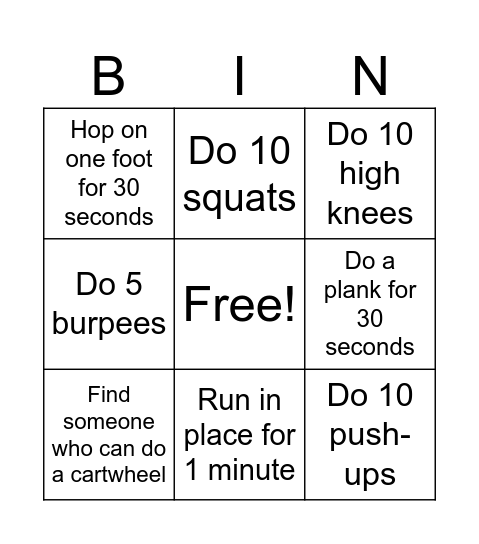 Fitness Bingo Card