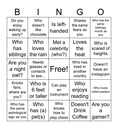 Getting to Know Each Other; Find Someone... Bingo Card